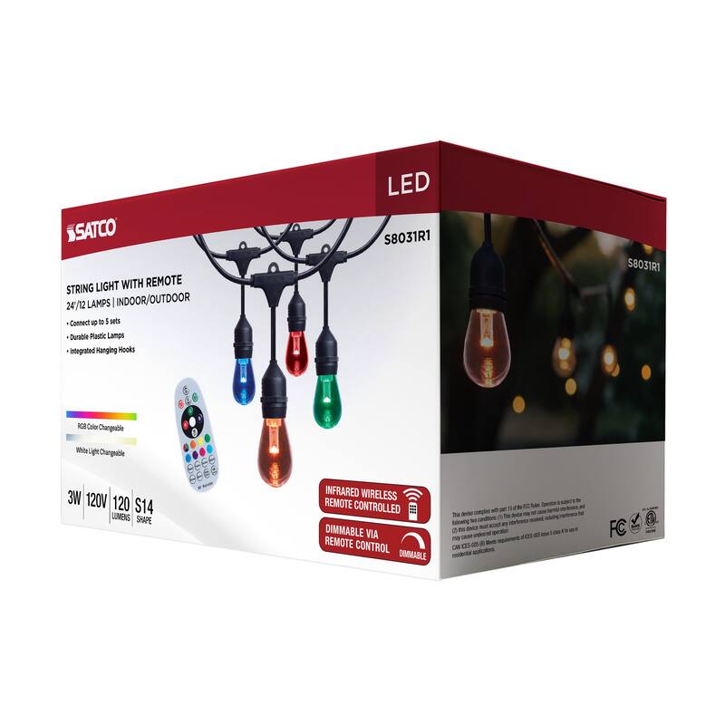 24 Foot LED String Light 12-S14 Lamps E26 RGBTW Infrared Remote Black 120V