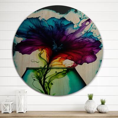 Designart "Purple And Blue Blossoming Flower" Floral Wood Wall Art - Natural Pine Wood