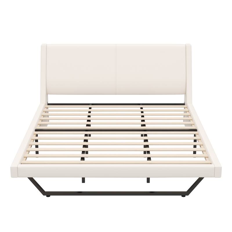 Wave-Like Curve Design Platform Bed Pu Leathe Upholstered Bed Frame Wooden Slat Support