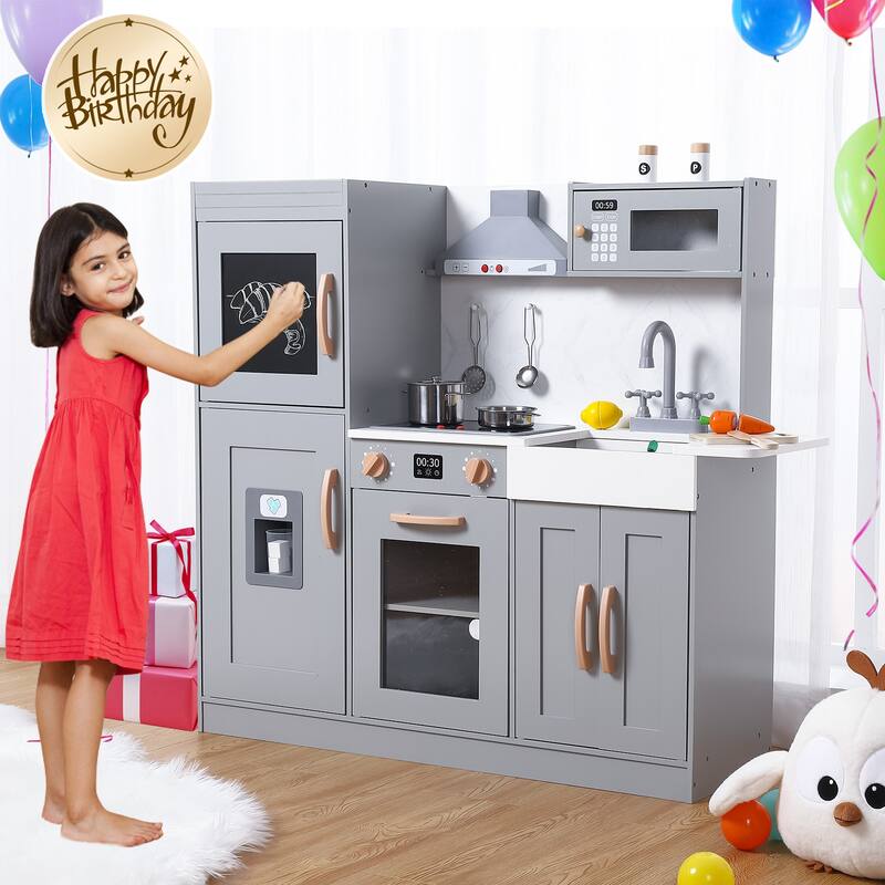 Wooden Play Kitchen for Kids with Cookware Playset,Lights & Sounds,20 Accessories and Ice Maker,Microwave,Oven,Range Hood,Sink