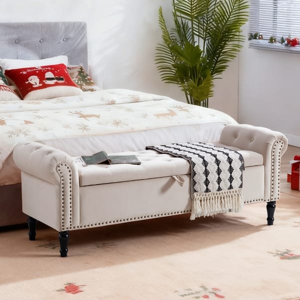 slide 2 of 16, 67" Velvet Tufted Storage Bench for Bedroom End of Bed with Roll Arms Beige
