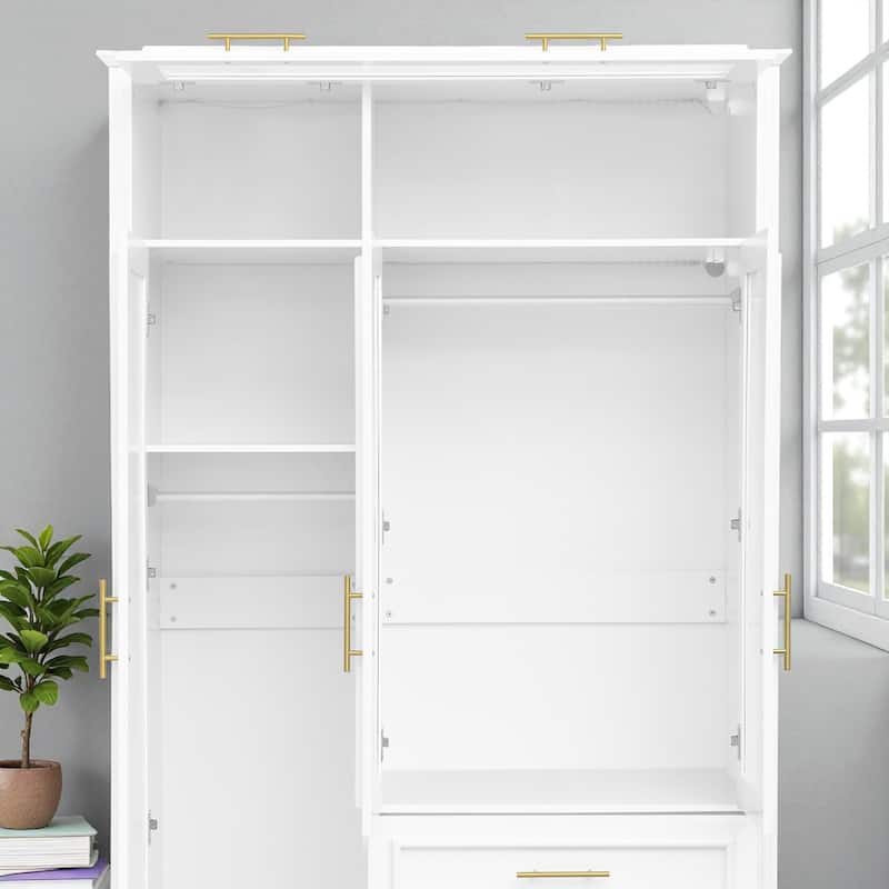 3-Door Wardrobe Armoire Closet with LED Lights and 3 Drawers Pine Wood MDF Clothing Storage Cabinet
