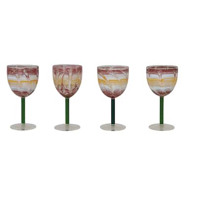 Hand-Blown Art Glass Wine Glasses with Stems, Set of 4 - 3.0"L x 3.0"W x 6.25"H