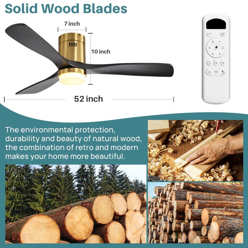 Sofucor 42/52 Inch Low Profile Flush Mount Ceiling Fan with Light,Remote Control,Solid wood/ABS Blades,Reversible Quiet DC Motor