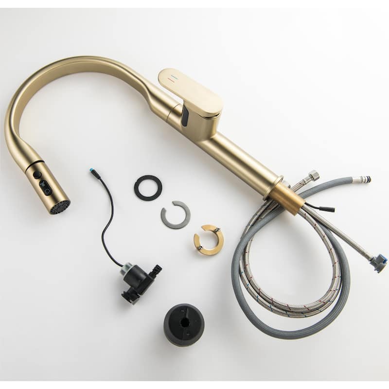 18''H 3-mode Temperature Display Kitchen Faucet with Pull Sown Sprayer in Black/Gold