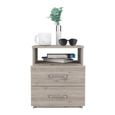 Palma Nightstand, Light Grey - Bedside Table with Two Drawers and Open Shelf, Compact Design