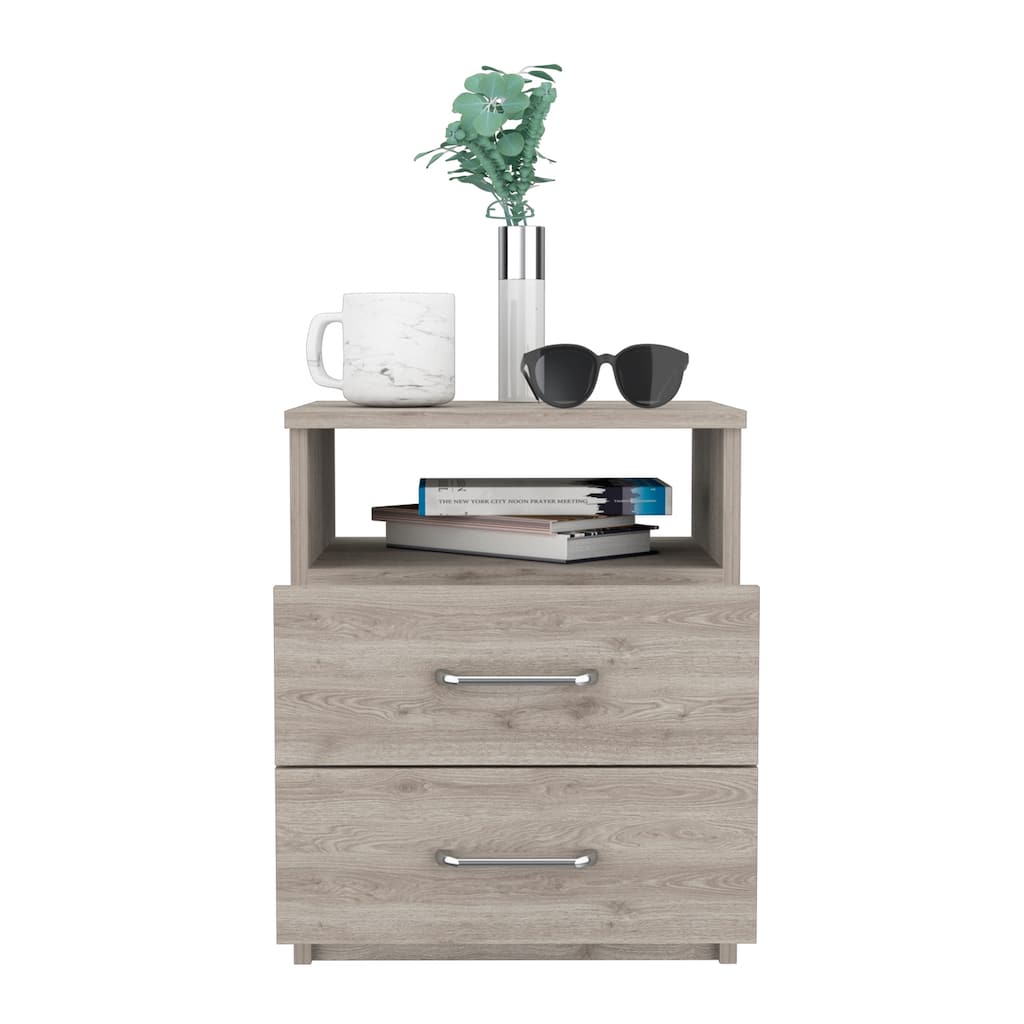 Palma Nightstand, Light Grey - Bedside Table with Two Drawers and Open Shelf, Compact Design