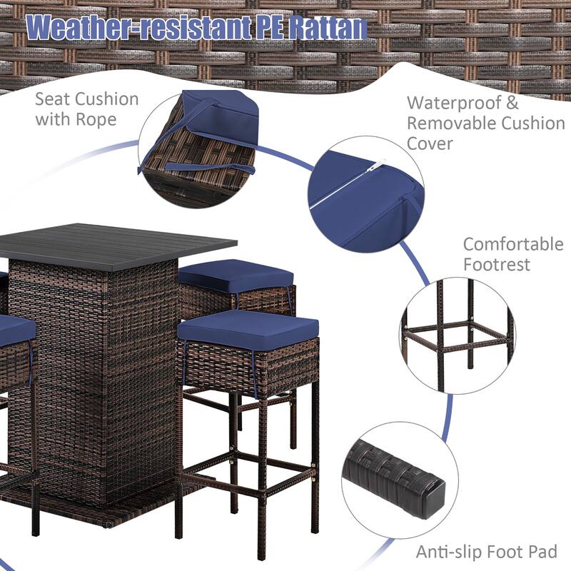 Costway 5PCS Patio Rattan Bar Table Stool Set Hidden Storage Shelf
