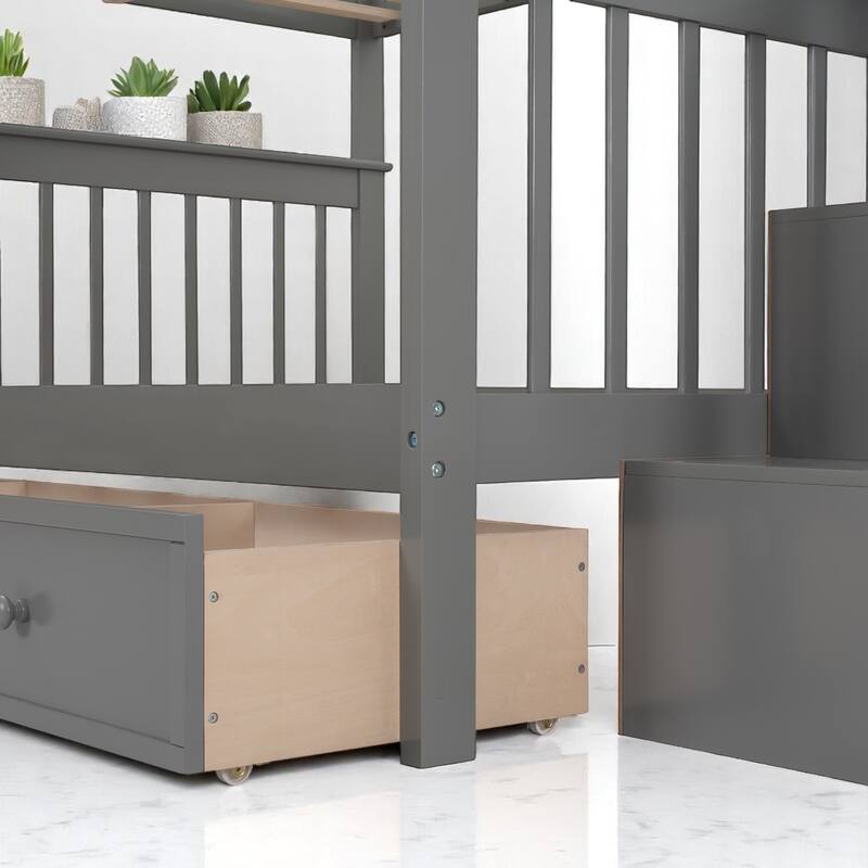 Full Over Full Bunk Bed with Storage Staircase and Shelves, Convertible Design, No Box Spring Needed,kid beds
