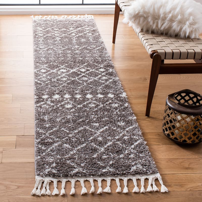 SAFAVIEH Berber Fringe Dashurije Leatha Trellis Rug - 2'2" x 8' Runner - Brown/Ivory