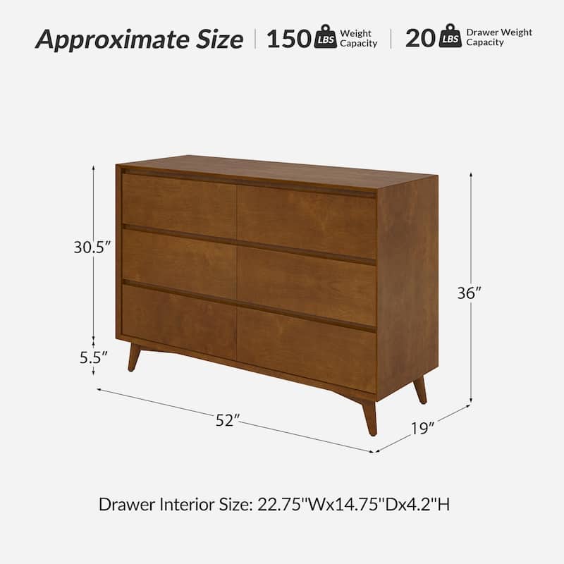 Raffaele Mid-century 6-Drawer Dresser with Solid Wood Legs by HULALA HOME