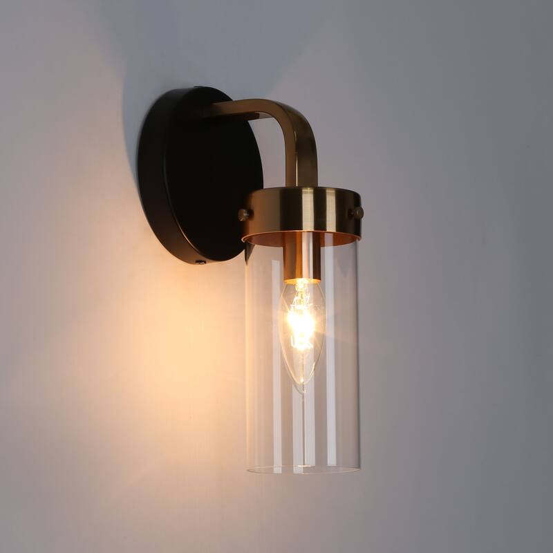 Modern 1-Light Black Gold Cylinder Glass Armed Wall Sconce Dimmable Vanity Light - 4.7" L x 5.5" W x 10" H