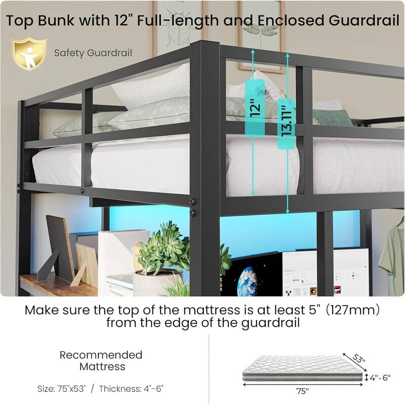 Loft Bed with L-Shaped Desk Charging Station Metal LED Lights 3 Fabric Drawers