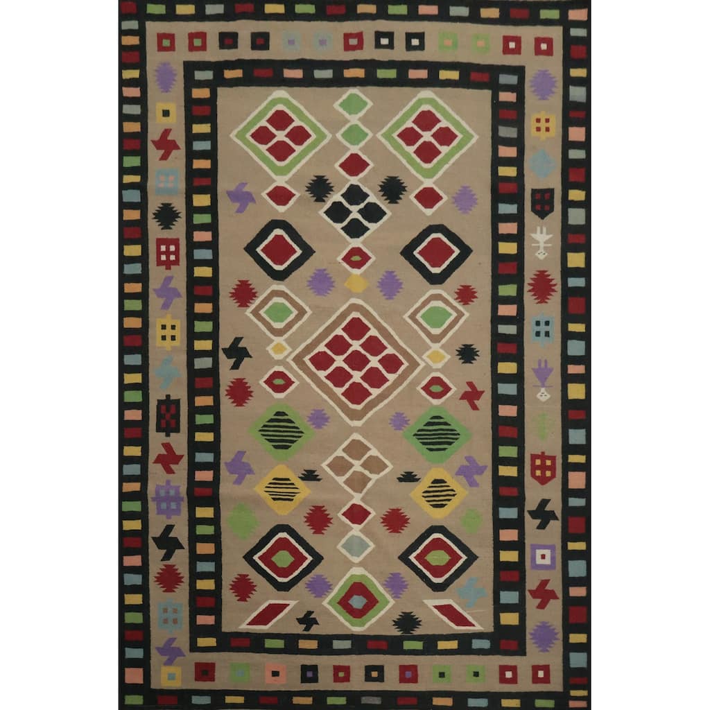 Hand Woven Oriental 100% Wool Carpet Southwestern Tribal Brown Kilim Area Rug - 10' 5'' X 8' 6''