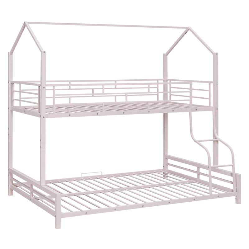 Metal House Bunk Bed with Roof, Ladder, and Fence for Kids