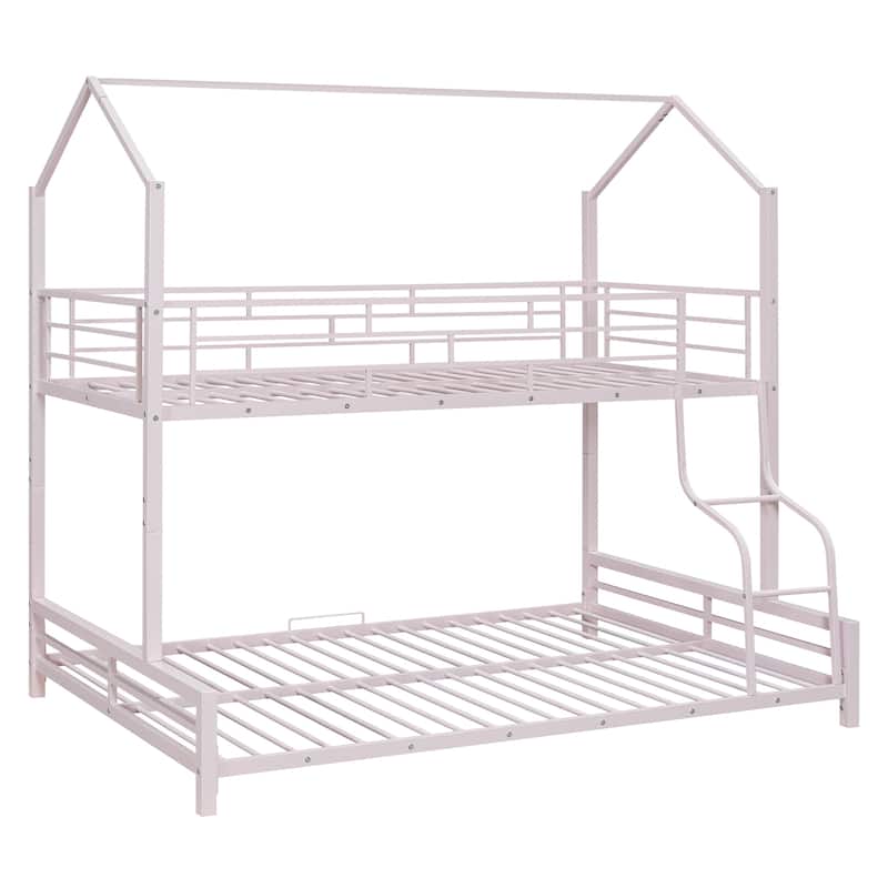 Pink Metal House Bunk Bed with Roof, Ladder, and Fence for Kids