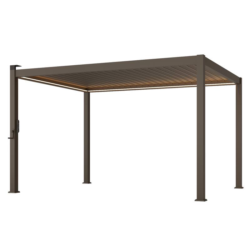 BONOSUKI Outdoor Aluminized Steel LED Louvered Pergola with Adjustable Roof, Brown
