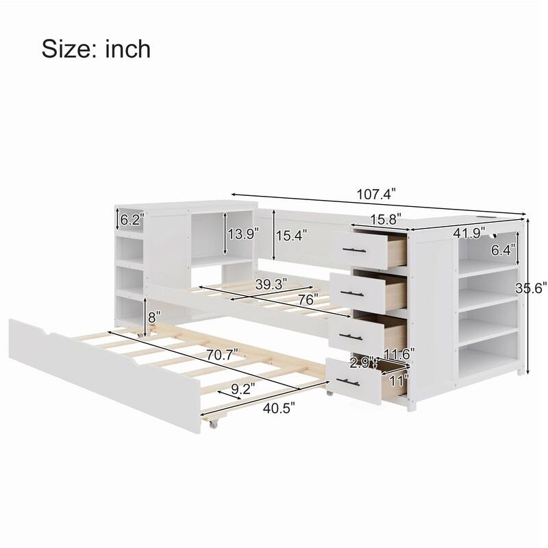 Twin Size Wooden Daybed with Trundle and Side Shelves, Drawers and Charging Station
