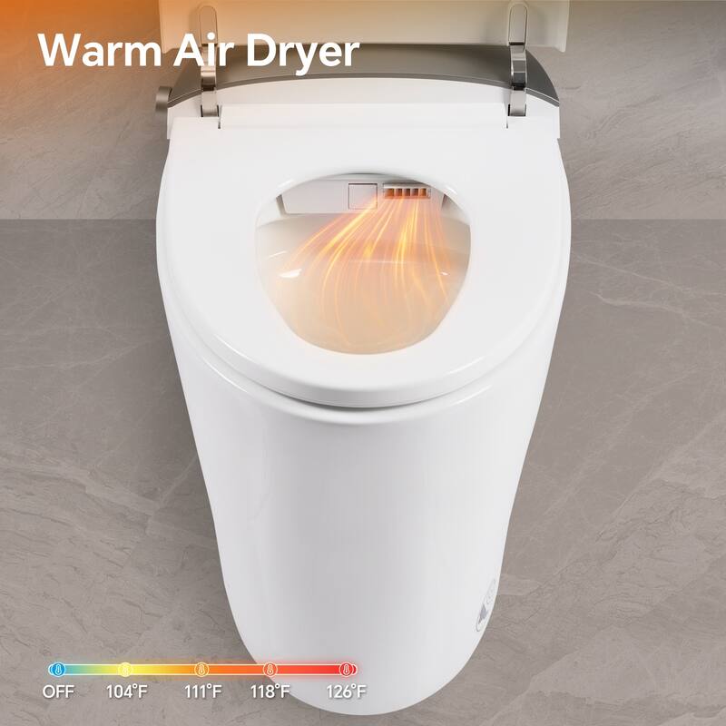 Elongated Smart Toilet with Bidet. ADA Comfort Height Heated Seat. MAP 1000g Flush. Warm Water. Dryer. Night Light