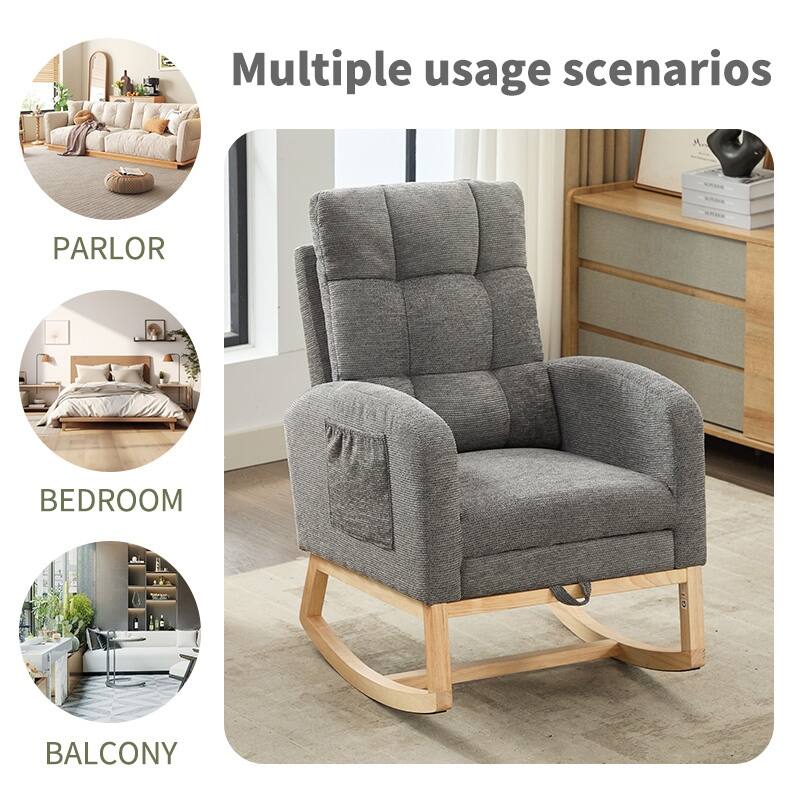 Modern Accent Rocking Chair Solid Wood Legs Adjustable Footrest Side Pocket High Backrest Living Room