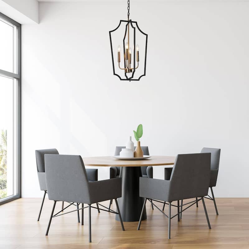 Modern Farmhouse 4-Light Black Gold Lantern Chandeliers Metal Pendant Light for Dining Room