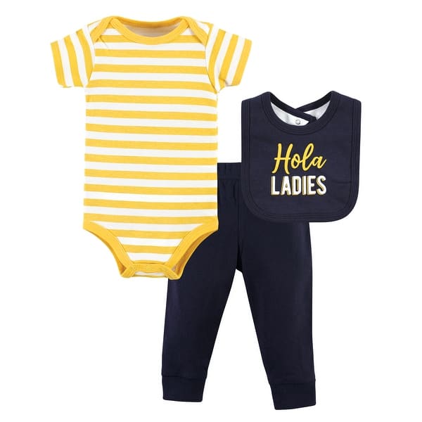 slide 1 of 1, Hudson Baby Infant Boy Cotton Bodysuit, Pant and Bib Set, Hola Ladies 0-3 Months - Hola Ladies