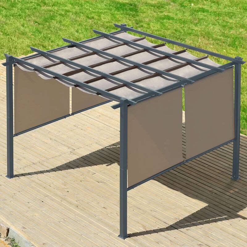 Aoodor 10 x 10 FT Outdoor Pergola with Retractable Shade Canopy, 4 Pieces Roller Shade Curtain