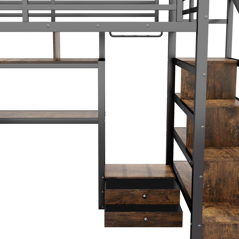 Full Size Metal Loft Bed with LED Lighting and Charging Station, Built-In Desk and Pegboard, Staircase Storage Wardrobe