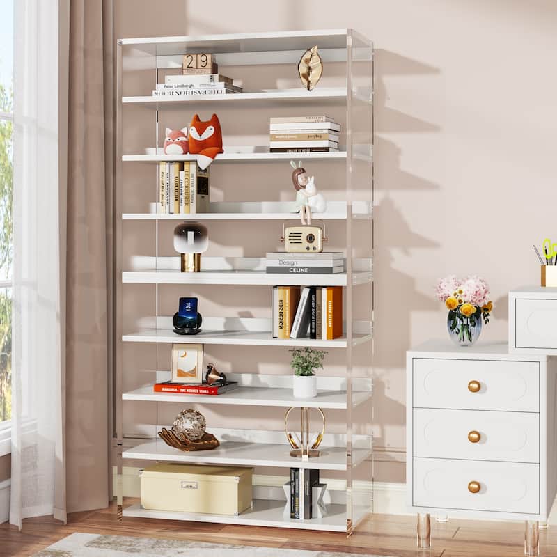 Bookshelf with Wood Shelves, Modern Bookcase, Display Storage Rack for Living Room, Bedroom, Home Office - White