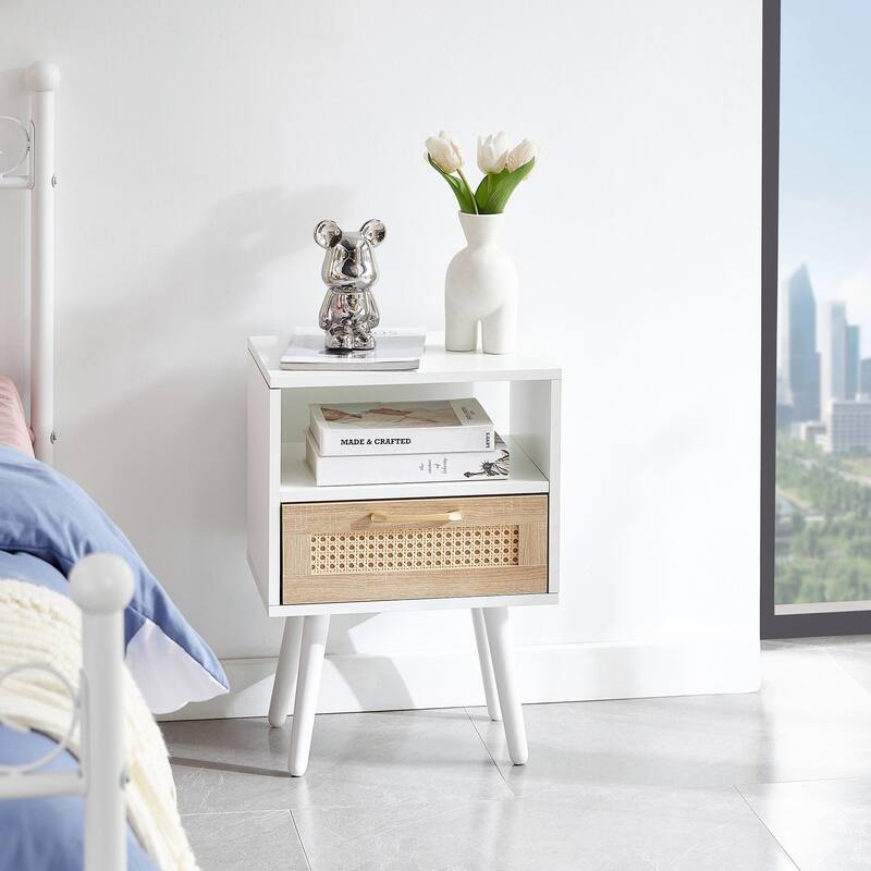 Rattan Nightstand with Drawer, Solid Wood Legs, 16"" Side Table - White + Natural