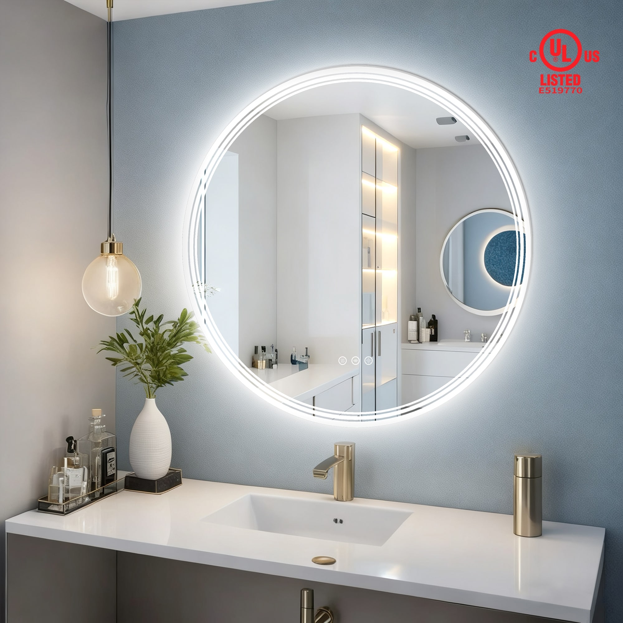 UL Certified Round Frameless Anti Fog LED Bathroom Wall Mirror, 3-Color Dimmable, HD Tempered Glass
