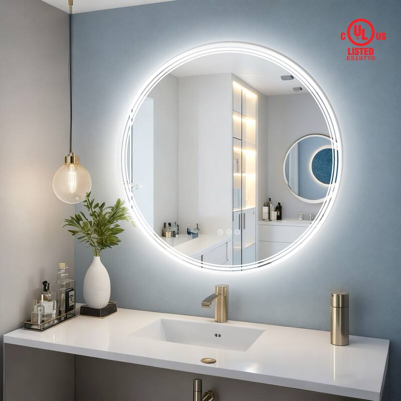 UL Certified Round Frameless Wall Mounted Anti Fog LED Bathroom Vanity Mirror, 3-Color Dimmable, HD Tempered Glass - 36x36