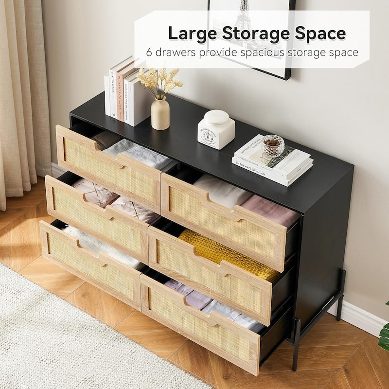 Rattan 6 Drawers Dresser, Double Dresser for Bedroom