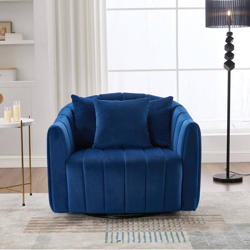 Roomfitters Oversized Swivel Barrel Chair, Velvet Channel Tufted Pumpkin-Shape Club Armchair with 3 Pillows for Living Room