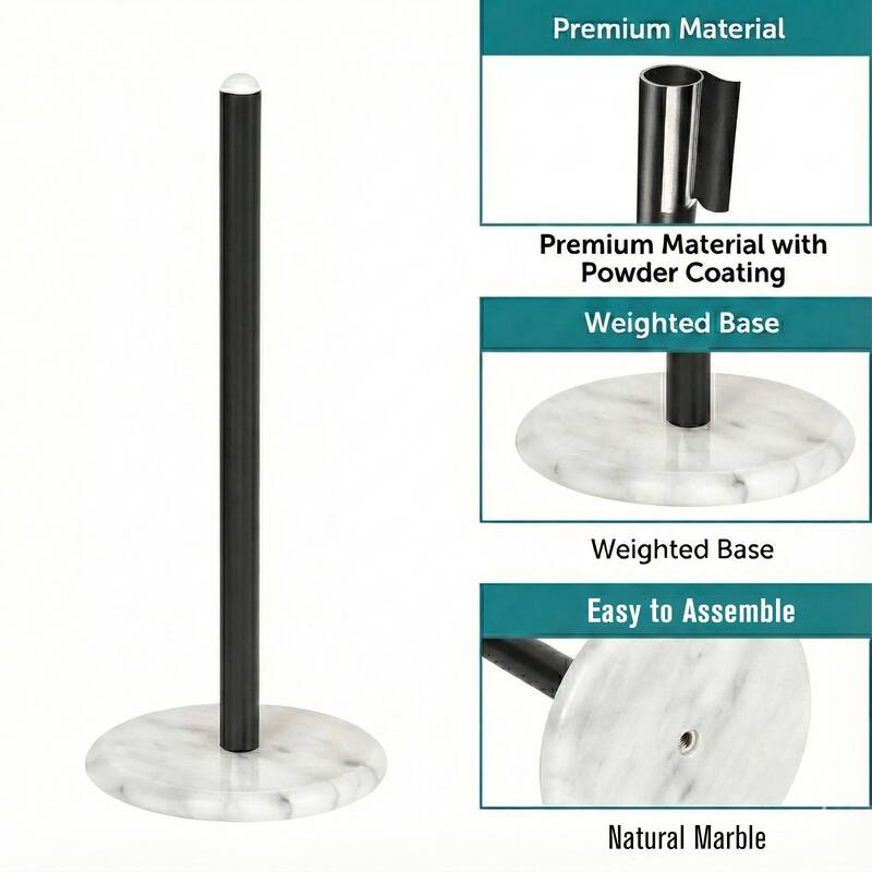 Creative Home White Marble Upright Paper Towel Holder with Black Metal Pole