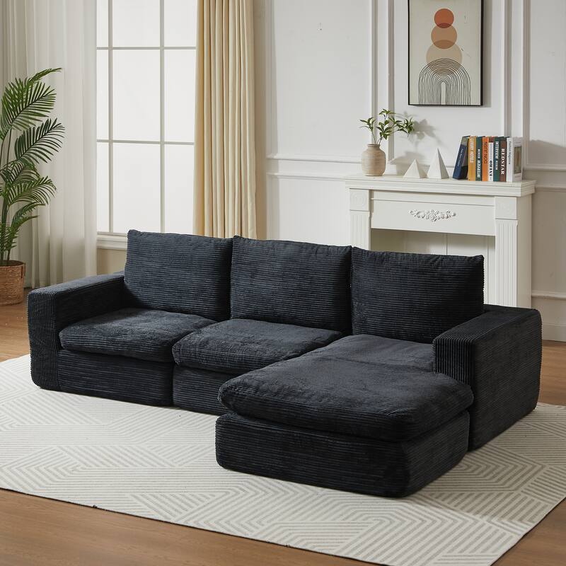 L-Shaped Sectional Sofa with Chaise Lounge, Corduroy Upholstered Boneless Couch, Module Corner Sofa with 3 Pillows
