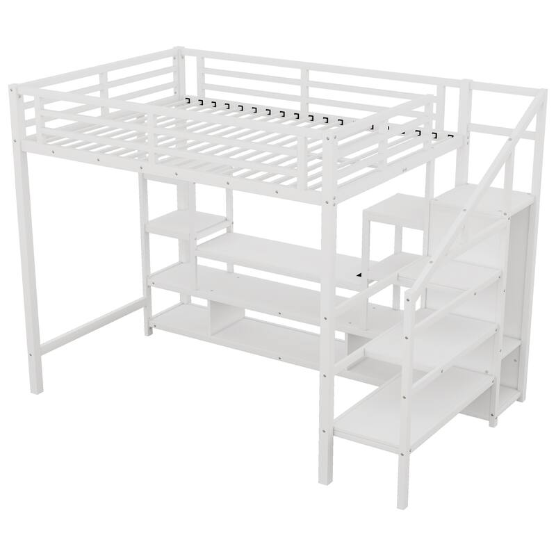 Full Size High Metal Loft Bed Frame with Entertainment TV Stand, Shelves, LED Light Strip, Charging Station, Staircase Wardrobe