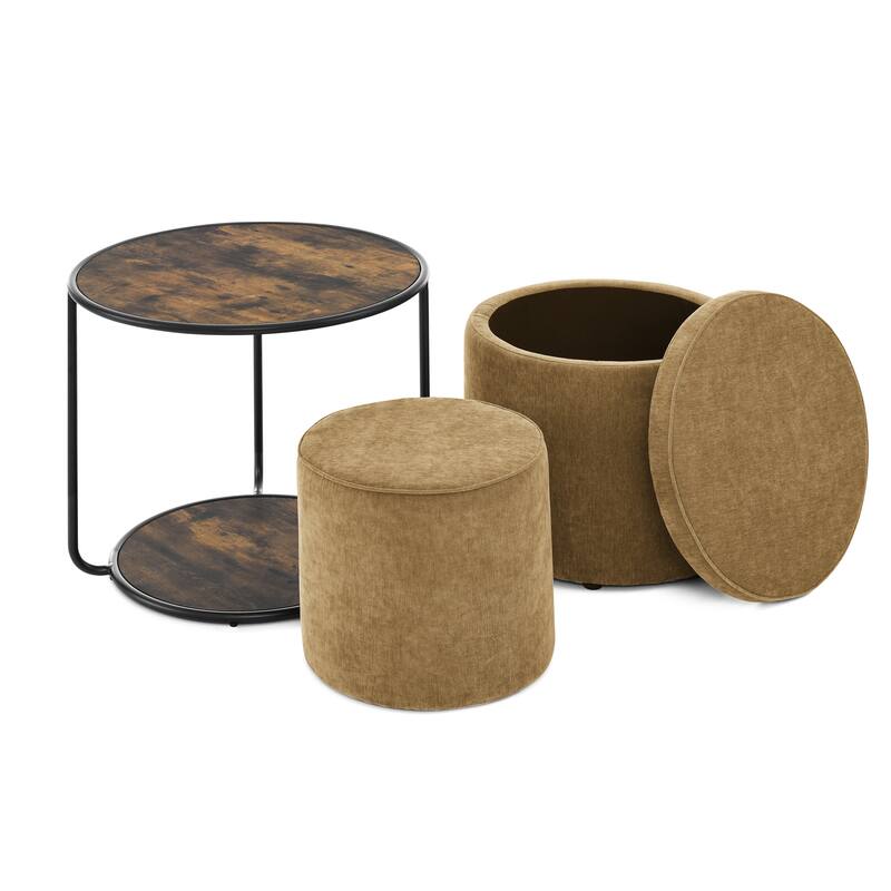 Roomfitters Ottoman Table Set with Drum Stool and Hidden Storage, Multi-Functional Combination Accent Furniture