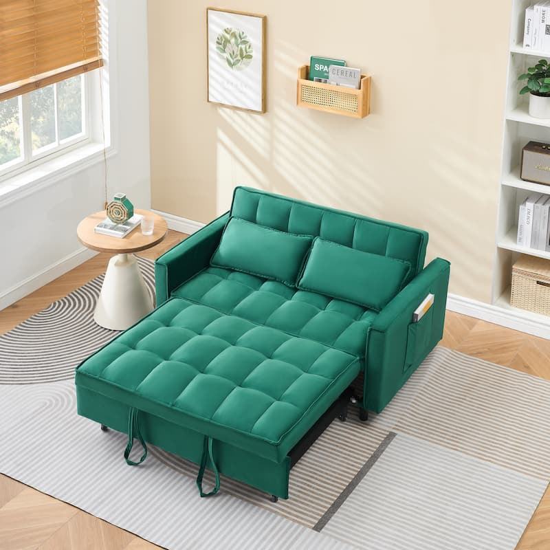 Modern Reclining Sofa Velvet Loveseat Sofa Futon Couch with Pull Out Sleeper Sofa Bed with Adjustable Backrest and Side Pockets