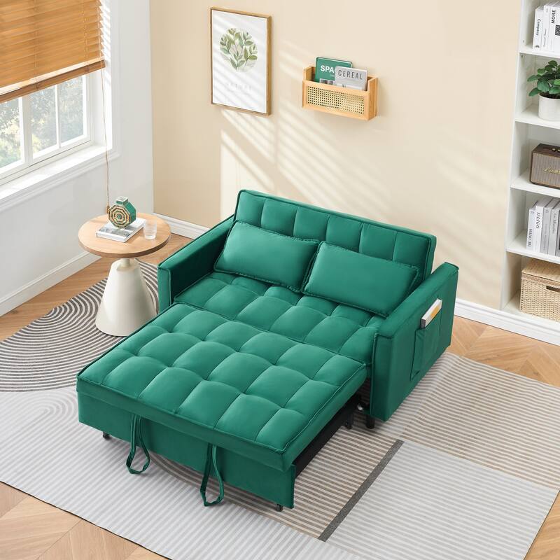 Velvet 3 in 1 Pull Out Loveseat Sofa Convertible Sleeper Love Seat Bed Tufted Futon Sofa with 2 Pillows and Pockets