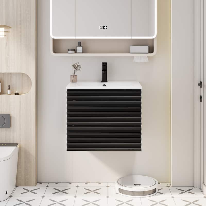 Wall Mounted Bathroom Vanity Set W/ Drop in Sink Mid-Century Cabinet Set