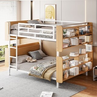 White Full Over Full Size Metal Convertible Bunk Bed Frame w/ Storage