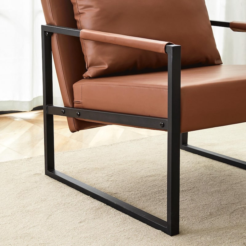 Set of 1 Classic Brown PU Leather and Metal Frame Sofa, A Perfect Blend of Modern and Industrial Styles