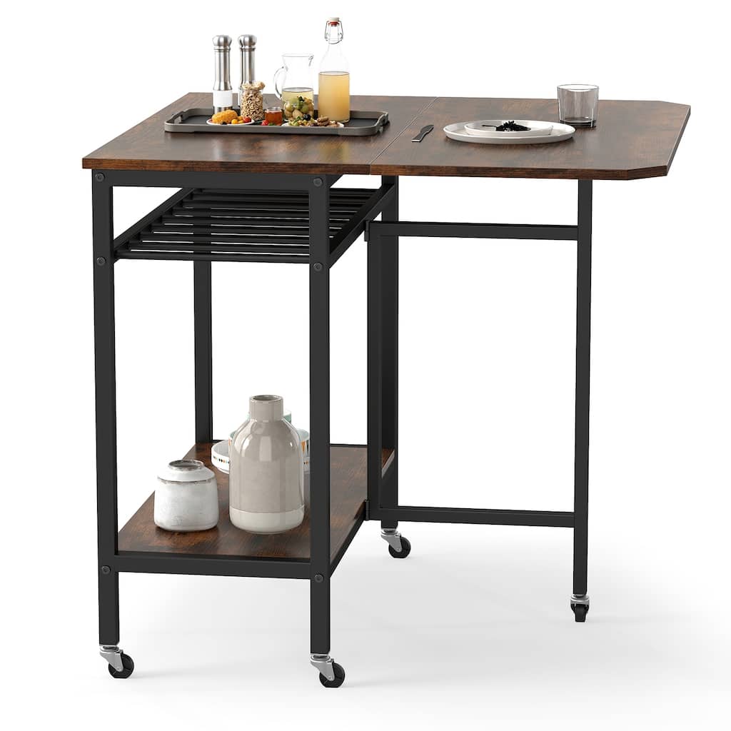 Gymax Folding Dining Table Movable Kitchen Table w/ Wine Rack Storage