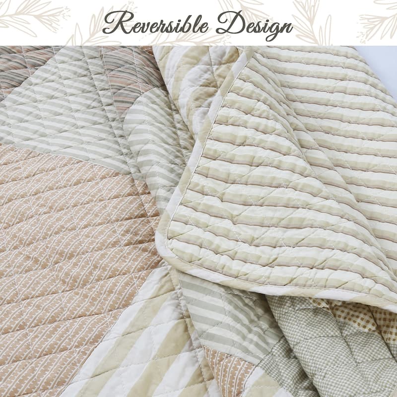 Cozy Line Stripe Checker Patchwork Cotton Reversible 3 Piece Quilt Bedding Set