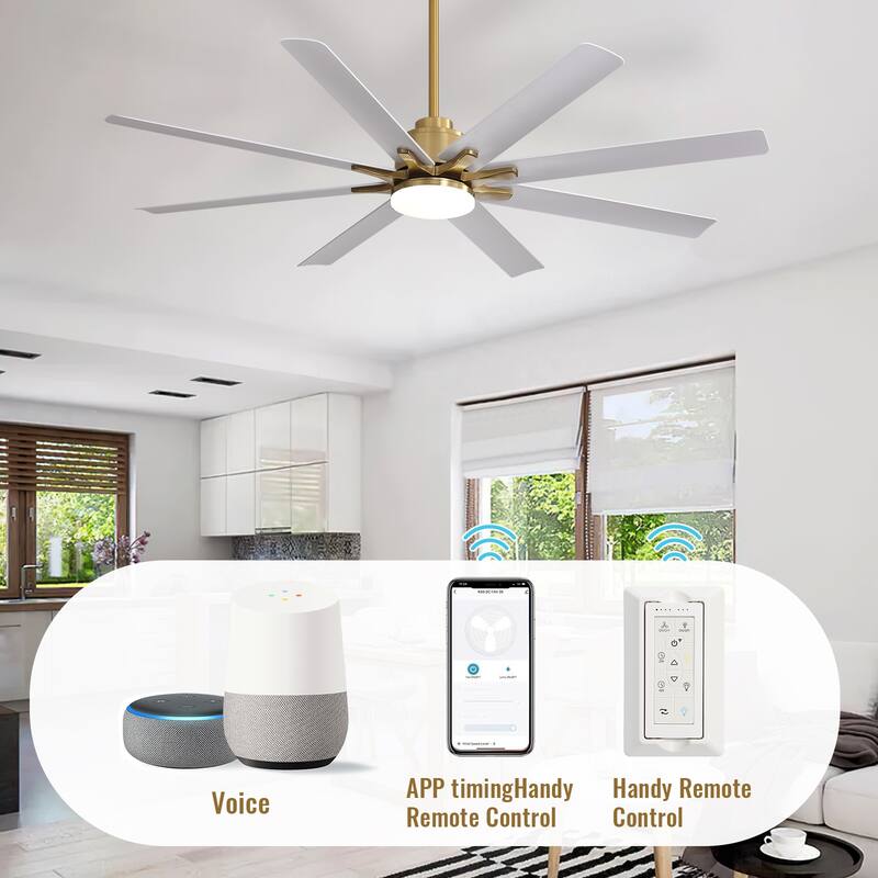 52/66/72/84 Inch Smart Ceiling Fan with Light ,Wall Switch, APP Control,Dimmable LED,8 Blades