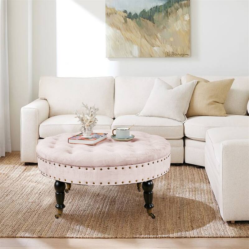 Round Velvet Tufted Coffee Table Ottoman, 34" x 34" x 17" H