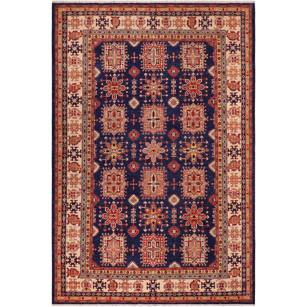 Rustic Super Kazak Skyler Blue/Beige Hand Knotted Wool Rug - 8'3'' x 9'11''