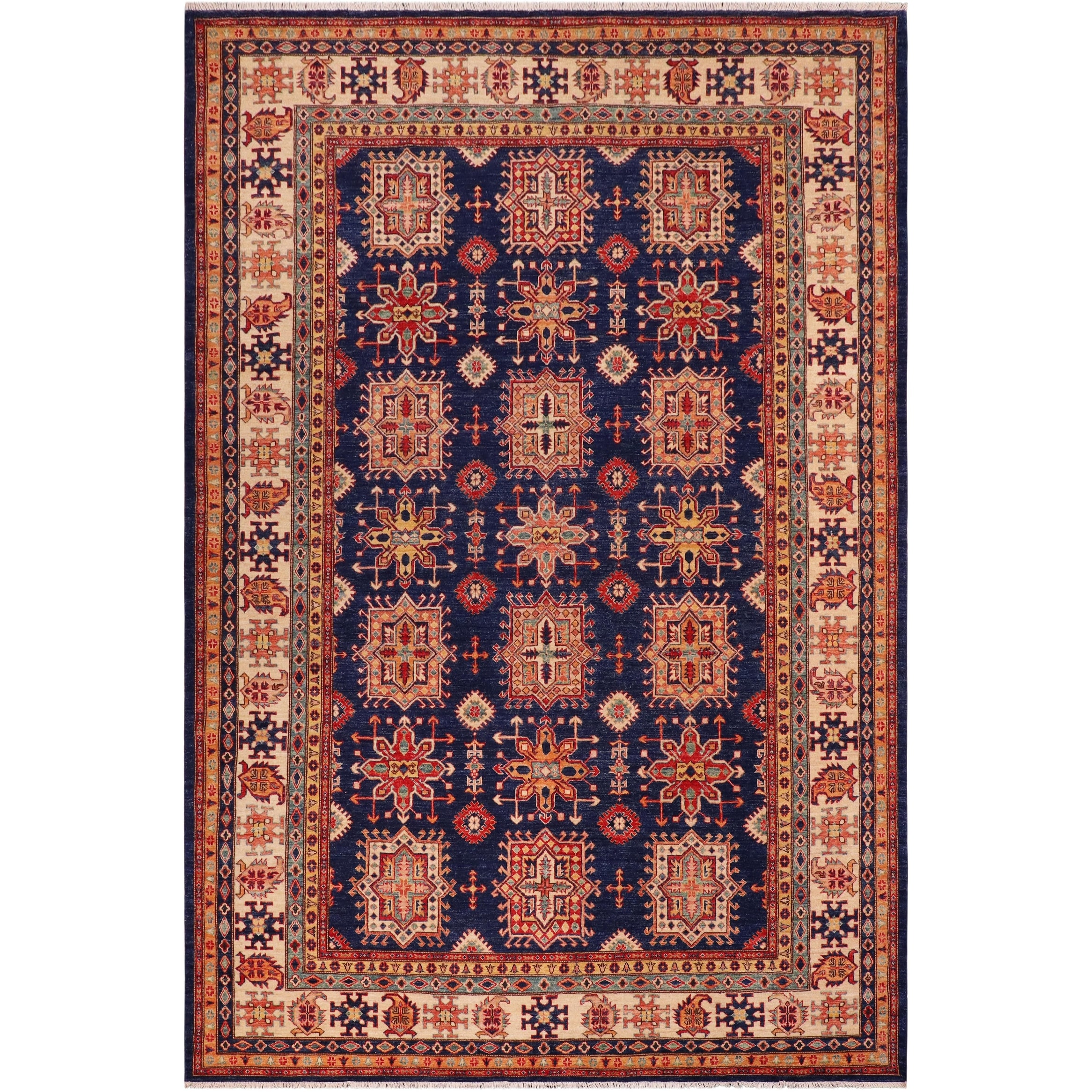 Rustic Super Kazak Skyler Blue/Beige Hand Knotted Wool Rug - 8'3'' x 9'11''