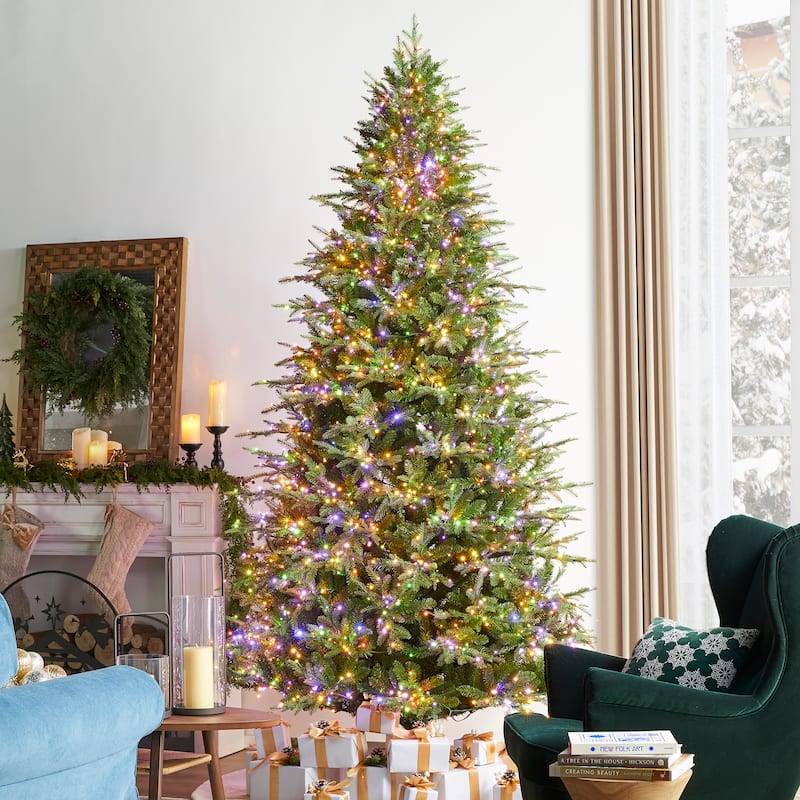 Glitzhome 7.5ft/9ft/11ft Pre-Lit Green Full Fir Artificial Christmas Tree with 1800/2450/3200 LEDs Simple Setup